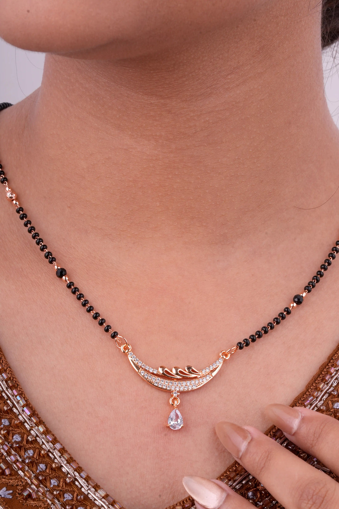 TooBela Rose Gold Tone Crystal Mangalsutra Necklace with Teardrop Pendant for Women TB_5007
