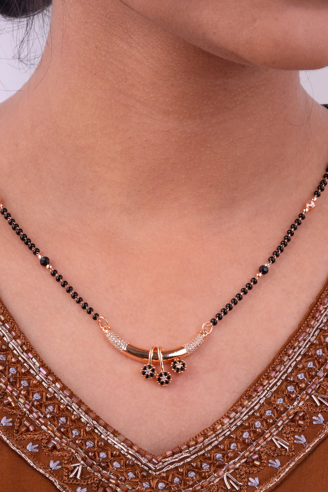 TooBela Gold Tone Black Beaded Mangalsutra Necklace with Crystal Floral Charm for Women TB_5008