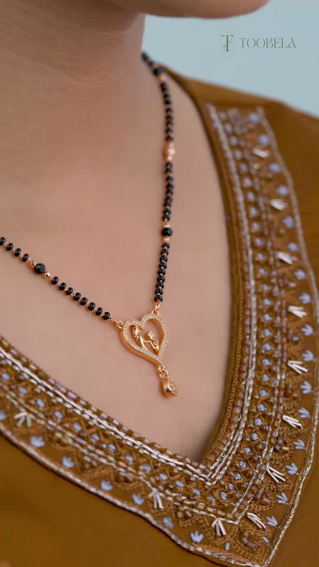 TooBela Rose Gold Tone Heart Propose Mangalsutra Necklace with Black Beads & Crystal Pendant for Girls & Women TB_5006