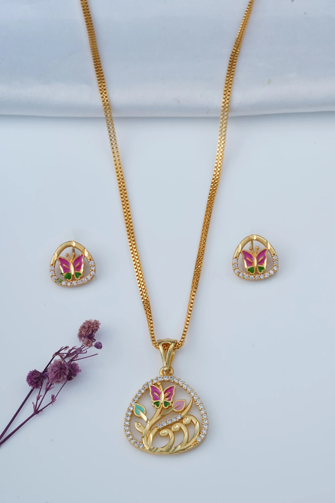 TooBela gold tone butterfly pendant necklace set with crystal halo and matching earrings