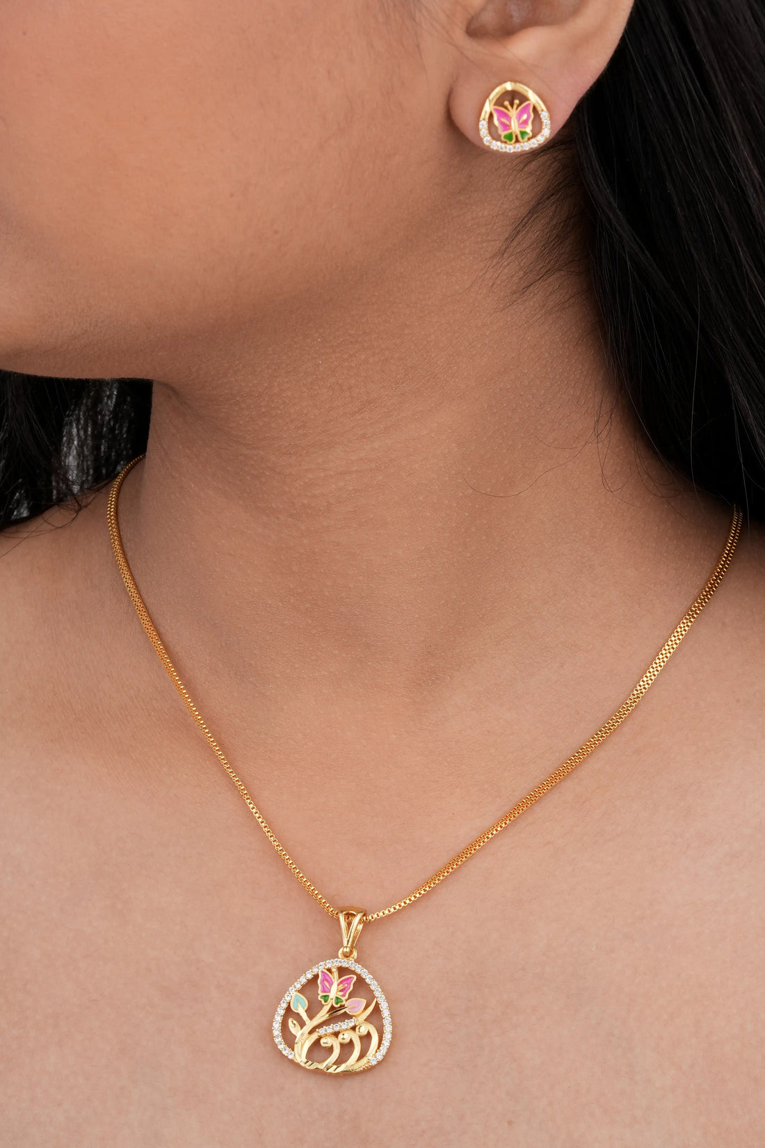 TooBela gold tone butterfly pendant necklace set with crystal halo and matching earrings