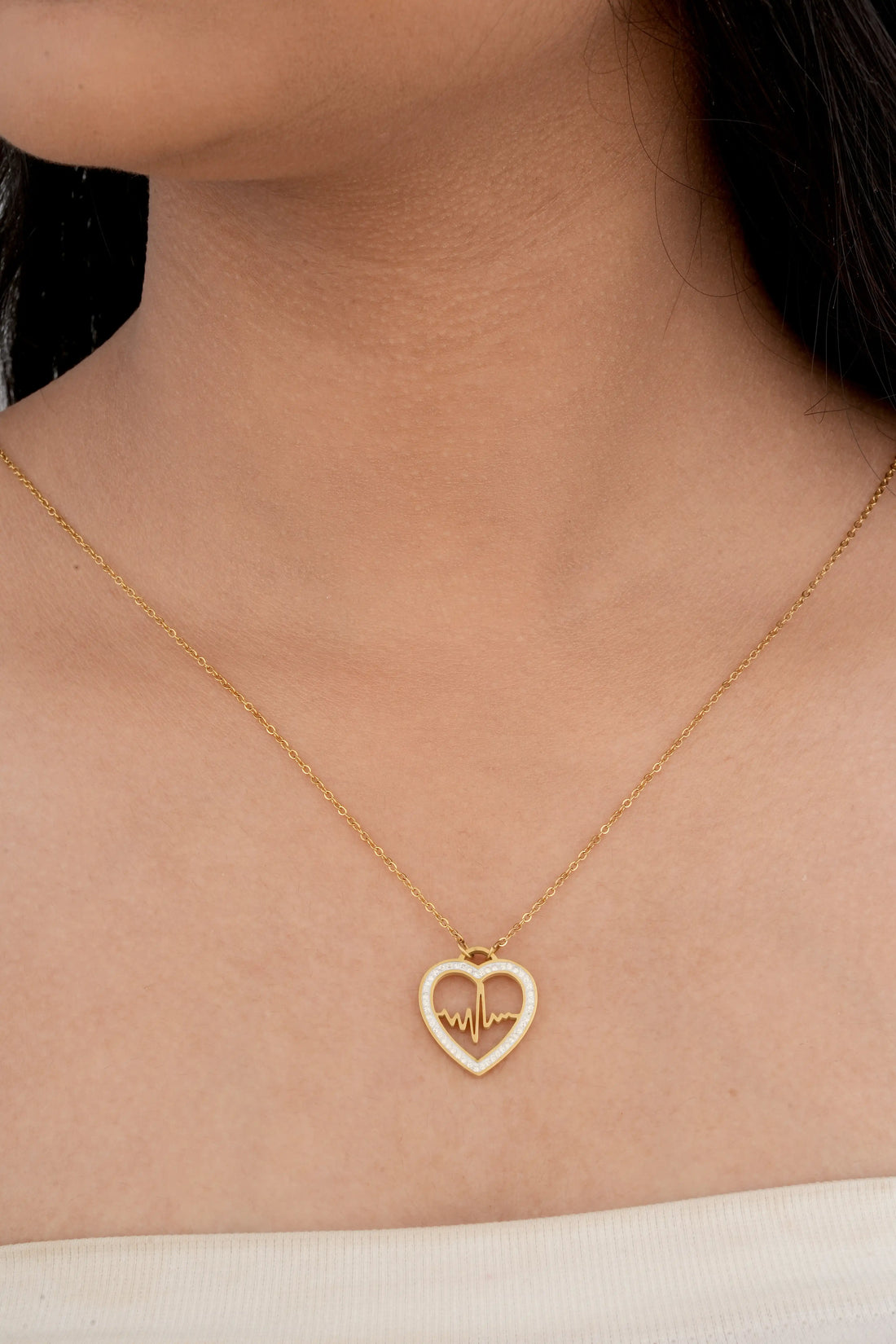 TooBela gold tone heartbeat heart pendant necklace with crystal border for women