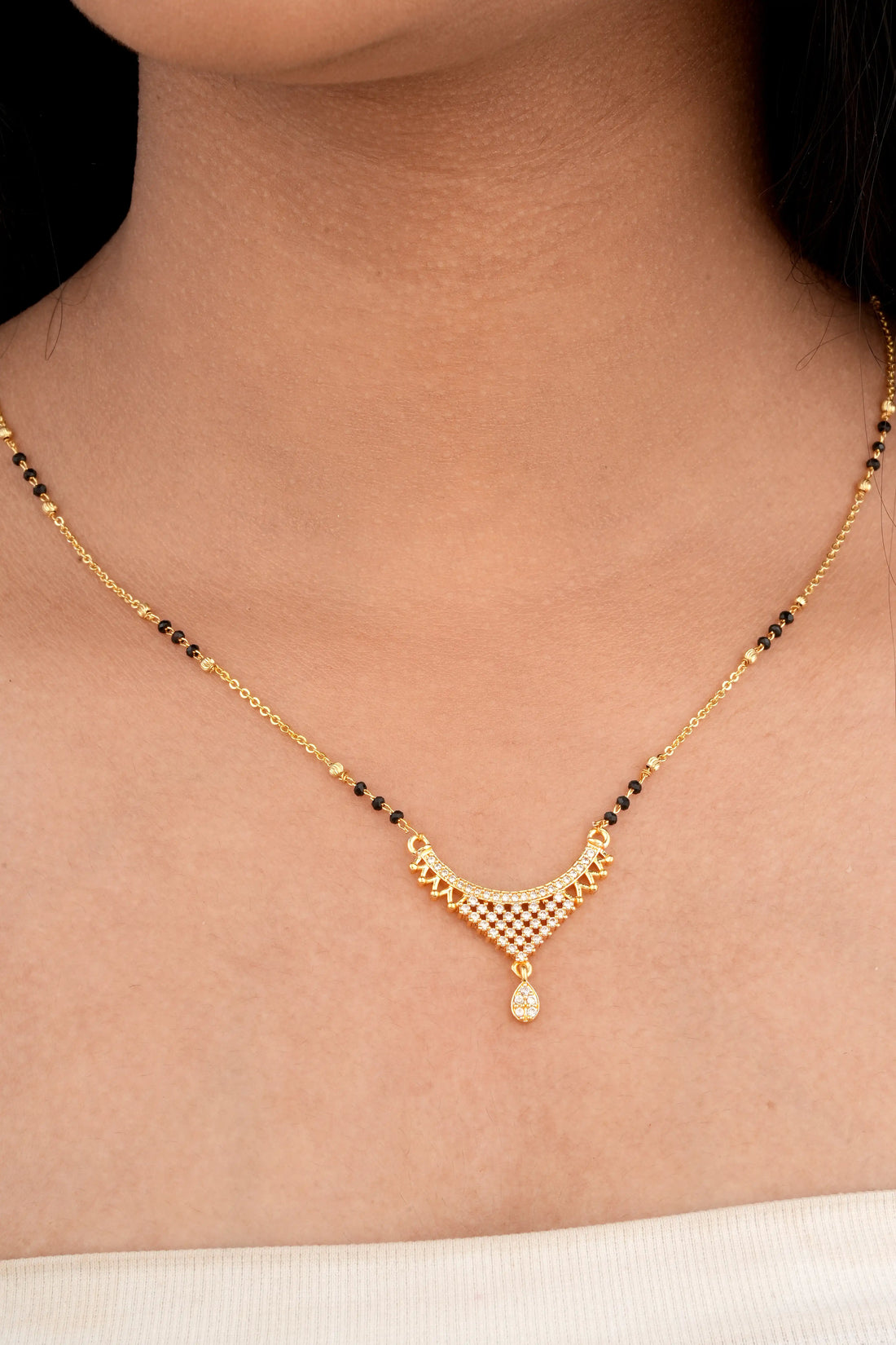 TooBela gold tone crystal mangalsutra necklace with black bead chain