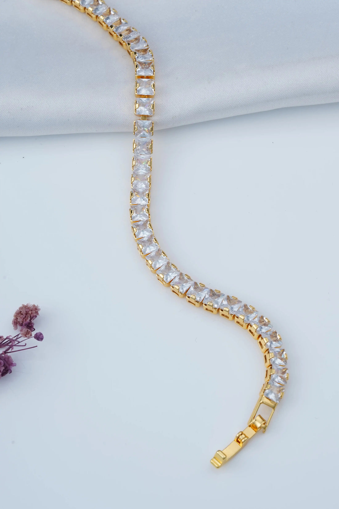 TooBela gold color tone plated square crystal tennis bracelet on woman wrist