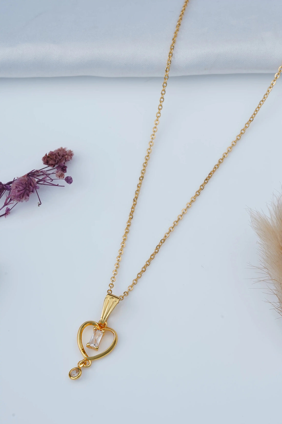 TooBela gold tone heart pendant necklace with baguette crystal and drop charm for women