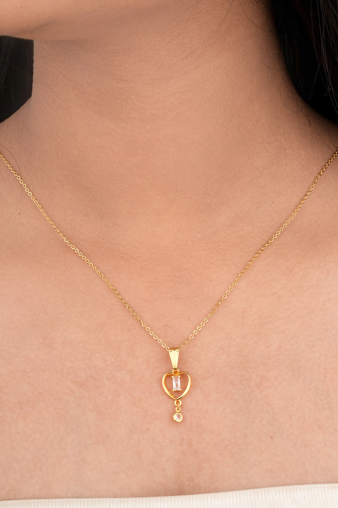 TooBela gold tone heart pendant necklace with baguette crystal and drop charm for women