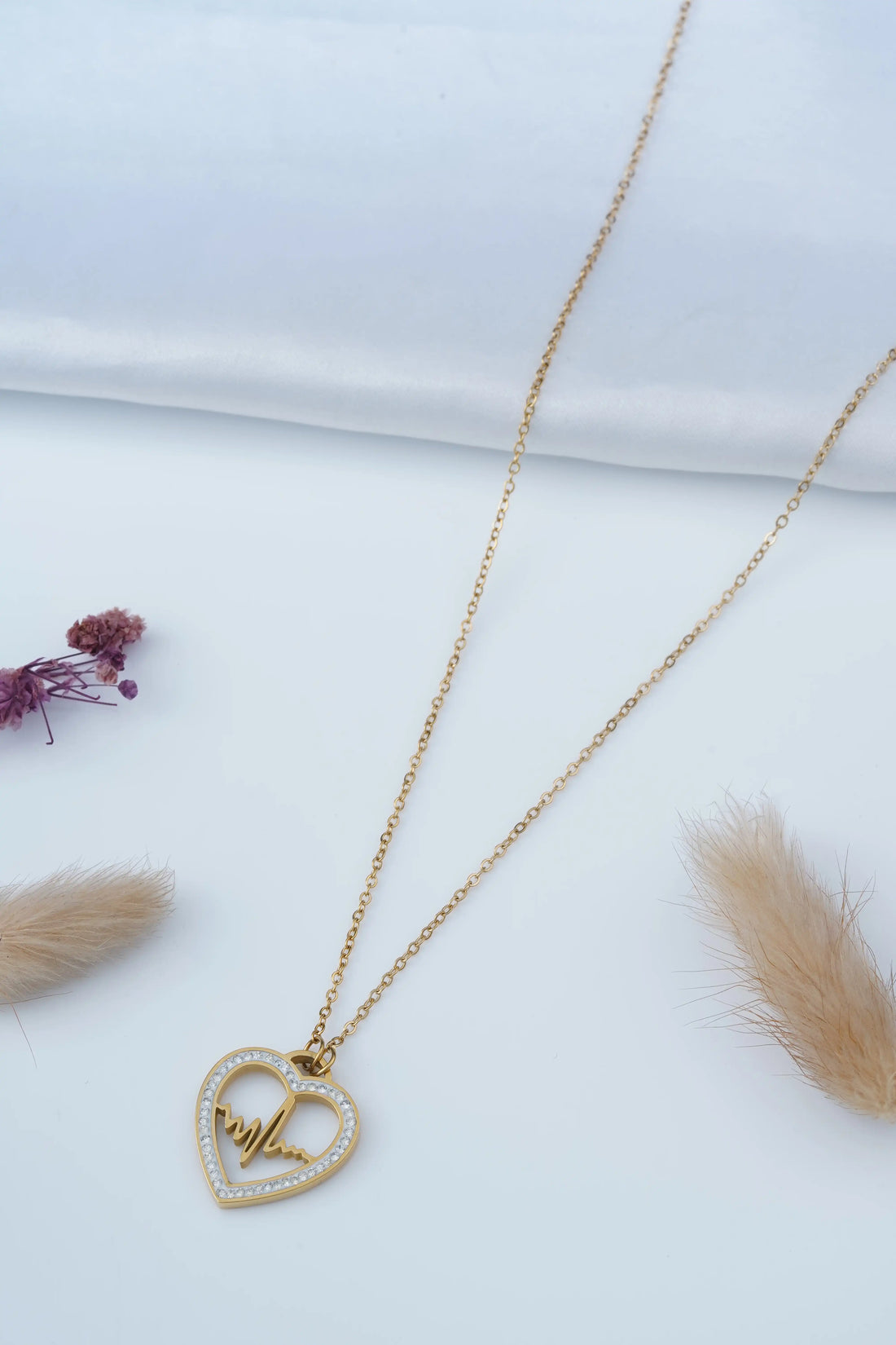 TooBela gold tone heartbeat heart pendant necklace with crystal border for women