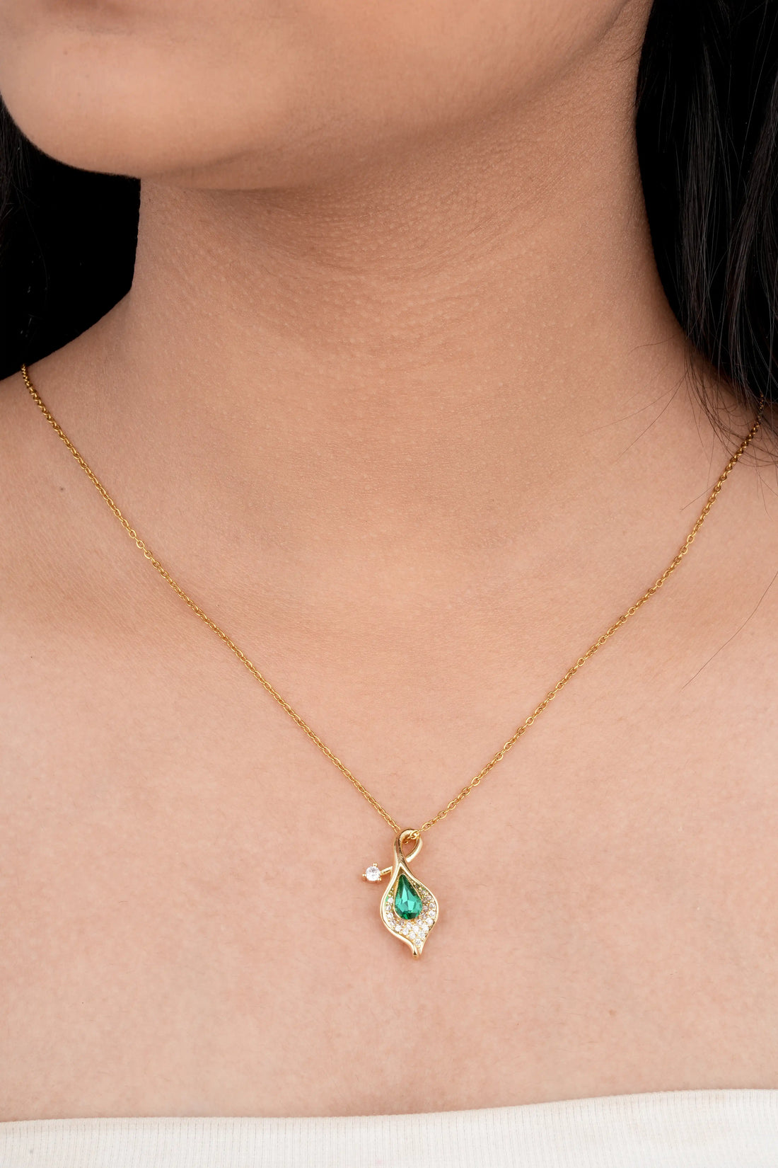 TooBela green stone gold pendant necklace worn by model